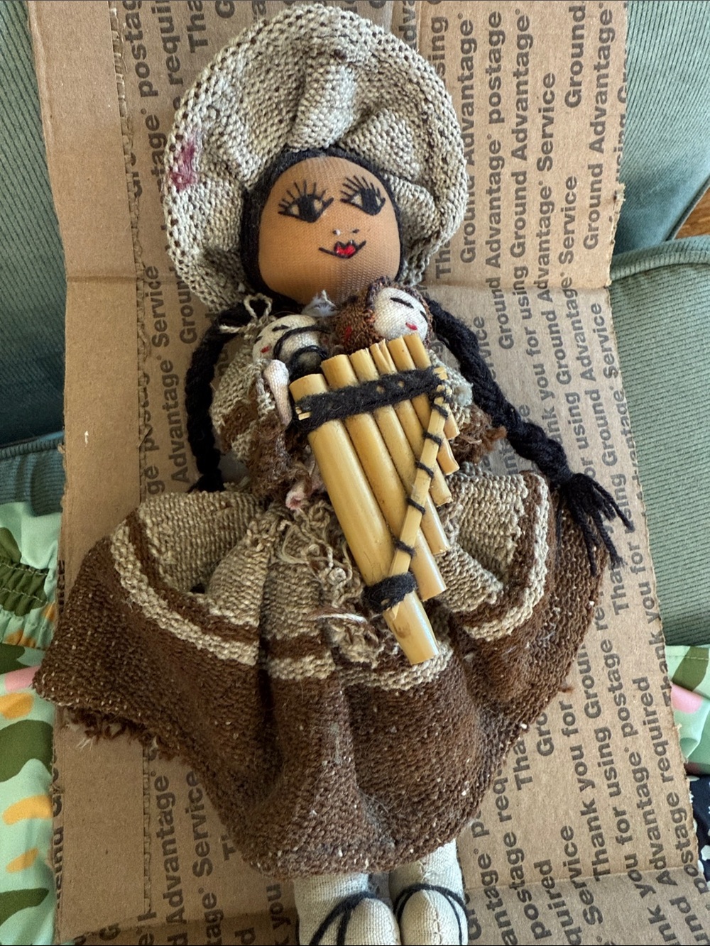 Handmade Andean Pan Flute Doll in Brown and Cream